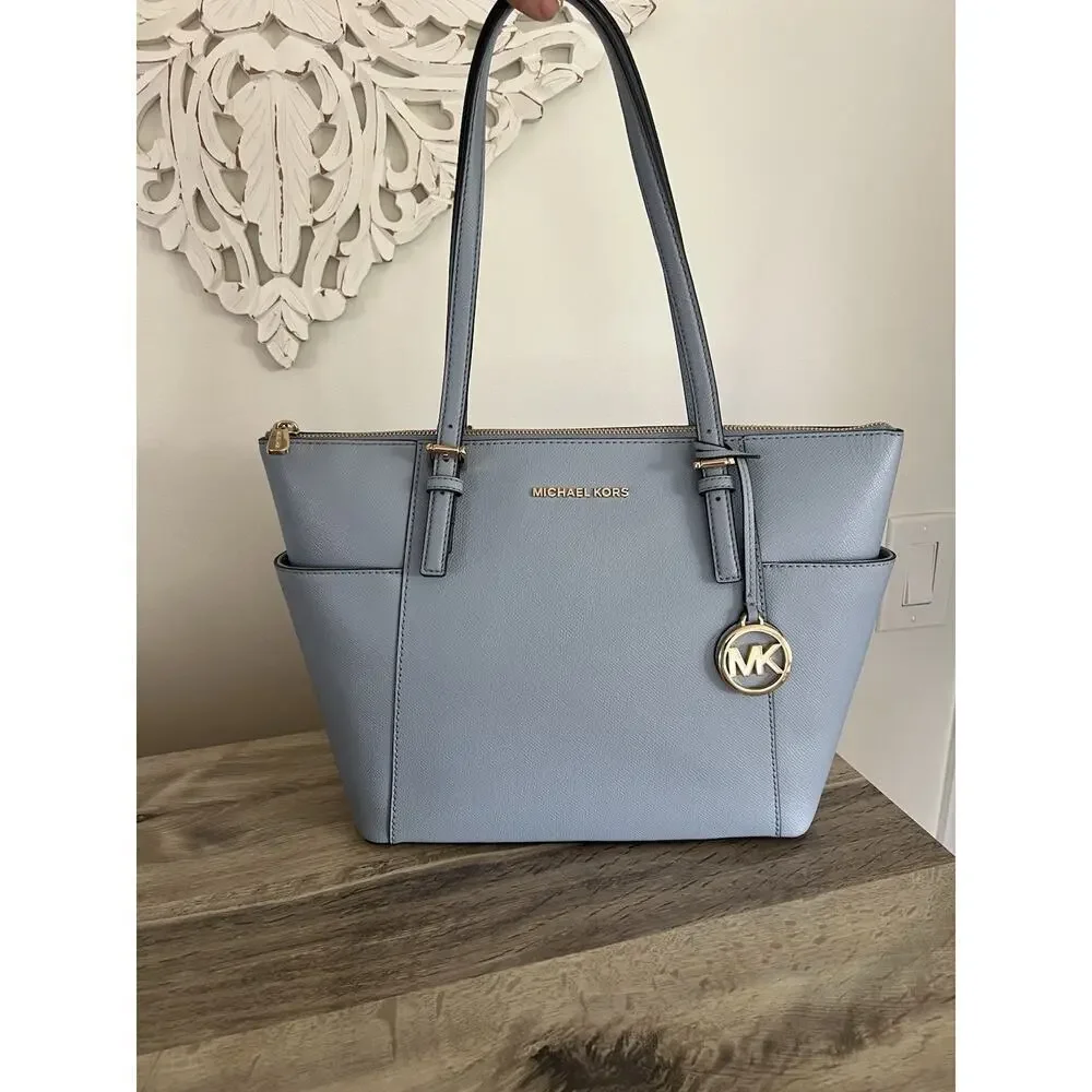 Michael Michael Kors East West Jet Set Tote Pale Ice Blue Leather NWT